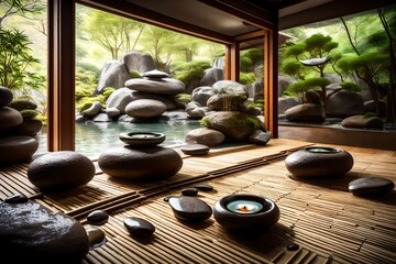 a spa interior with a Japanese rock garden and soothing sounds of flowing water for relaxation.  - obrazy, fototapety, plakaty
