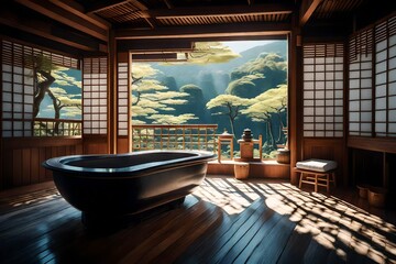 Create an AI-rendered spa interior with a traditional Japanese  tub (ofuro) and a view of a serene Japanese landscape.  - obrazy, fototapety, plakaty