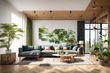 Create an AI image of an eco-friendly, sustainable interior design.  - obrazy, fototapety, plakaty