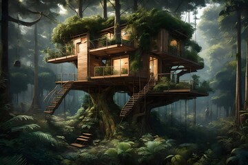 Design an eco-friendly treehouse in a lush forest with AI.  - obrazy, fototapety, plakaty