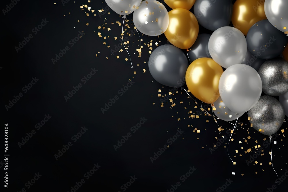 Wall mural Golden and silver gray metallic balloons and confetti on dark background. Birthday, holiday or party background. Empty space for text. Festive greeting card | Generative AI