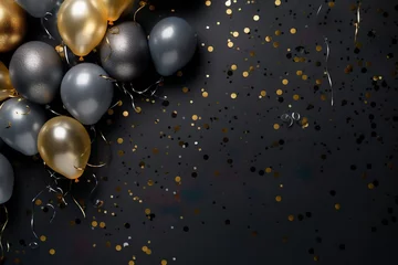 Rolgordijnen Golden and silver gray metallic balloons and confetti on dark background. Birthday, holiday or party background. Empty space for text. Festive greeting card   Generative AI © Kay