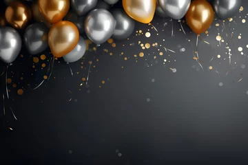 Fotobehang Golden and silver gray metallic balloons and confetti on dark background. Birthday, holiday or party background. Empty space for text. Festive greeting card   Generative AI © Kay