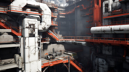 Futuristic architectural industrial plant with lots of pipes in orange and white color scheme