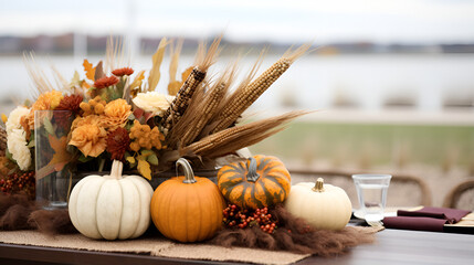 At an outdoor autumn gathering, a cluster of pumpkins serves as the central decor element for a pilgrim-inspired table setting