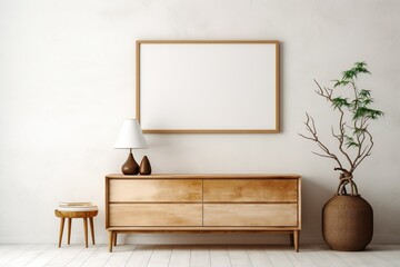 Empty mock up poster frame on white stucco wall above wooden dresser with home decor. Rustic interior design of modern living room | Generative AI