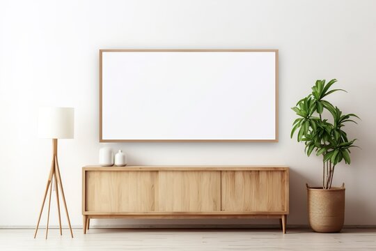 Empty mock up poster frame on white stucco wall above wooden dresser with home decor. Rustic interior design of modern living room | Generative AI