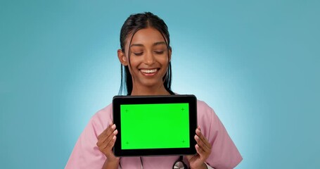 Tablet green screen, happy woman or studio doctor show healthcare promotion, nurse commercial info or medical news. Mockup tech space, hospital tracking markers or portrait surgeon on blue background