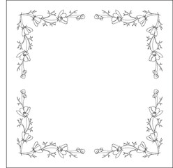 Black and white vegetal ornamental frame with cosmos flowers, decorative border, corners for greeting cards, banners, business cards, invitations, menus. Isolated vector illustration.