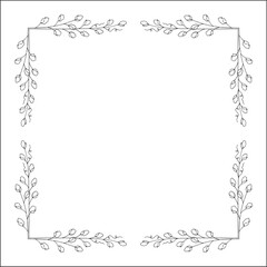 Black and white vegetal ornamental frame with willow twigs, decorative border, corners for greeting cards, banners, business cards, invitations, menus. Isolated vector illustration.