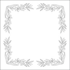 Black and white vegetal ornamental frame with plumeria flowers, decorative border, corners for greeting cards, banners, business cards, invitations, menus. Isolated vector illustration.