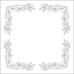 Black and white vegetal ornamental frame with plumeria flowers, decorative border, corners for greeting cards, banners, business cards, invitations, menus. Isolated vector illustration.