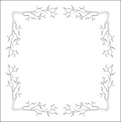 Black and white vegetal ornamental frame with tree branches, decorative border, corners for greeting cards, banners, business cards, invitations, menus. Isolated vector illustration.