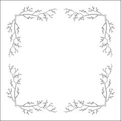 Black and white vegetal ornamental frame with tree branches, decorative border, corners for greeting cards, banners, business cards, invitations, menus. Isolated vector illustration.