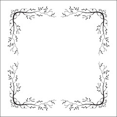 Black and white vegetal ornamental frame with tree branches, decorative border, corners for greeting cards, banners, business cards, invitations, menus. Isolated vector illustration.