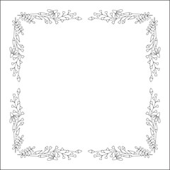 Black and white vegetal ornamental frame with field flowers bouquet, decorative border, corners for greeting cards, banners, business cards, invitations, menus. Isolated vector illustration.