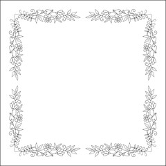 Black and white vegetal ornamental frame with field flowers bouquet, decorative border, corners for greeting cards, banners, business cards, invitations, menus. Isolated vector illustration.