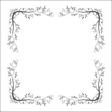 Black and white vegetal ornamental frame with tree branches, decorative border, corners for greeting cards, banners, business cards, invitations, menus. Isolated vector illustration.