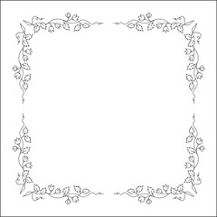Black and white vegetal ornamental frame with flowers, decorative border, corners for greeting cards, banners, business cards, invitations, menus. Isolated vector illustration.