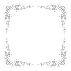 Black and white vegetal ornamental frame with mandevilla flowers, decorative border, corners for greeting cards, banners, business cards, invitations, menus. Isolated vector illustration.