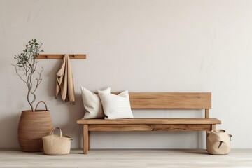 Wooden rustic bench in scandinavian minimalist style interior design of modern entrance hall with door | Generative AI