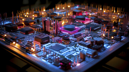 Highly detailed technology texture, AI supercomputer Chrome, insane level of detail throughout circuitry, cinematic depth of field, high contrast lighting, CPU and GPU , circuits interconection	
