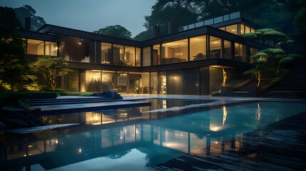 Obraz premium As twilight envelops the scene, the exterior of this luxurious modern home exudes elegance and sophistication, with its impressive architectural design and tranquil ambiance, offering a picturesque an
