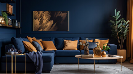 Beige corner sofa in room with dark blue walls. Interior design of modern living room - obrazy, fototapety, plakaty