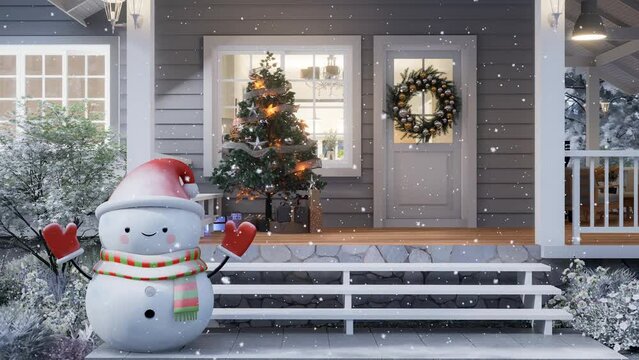Animation of modern luxury front home entrance porch in winter with Christmas and New Year concept 3d render 