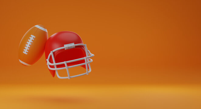 American football, red helmet face mask and ball pigskin on an orange background. 3D render illustration with place for your text.