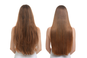 Woman before and after hair treatment on white background, back view. Collage showing damaged and...