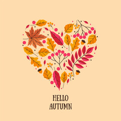 Autumn template postcard or banner with a heart made of leaves, berries and acorns. Vector graphics.