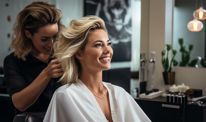 Obraz premium beautiful blonde model woman in a hairdresser salon