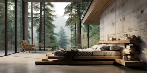 High panoramic window and concrete floor. Interior design of modern bedroom with wooden bed | Generative AI