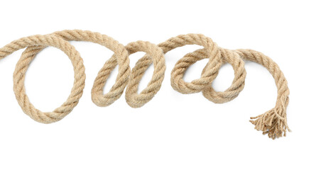 Hemp rope isolated on white, top view
