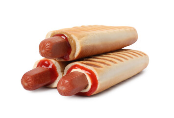 Tasty french hot dogs with different sauces on white background