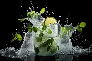 Fototapeta na wymiar Mojito cocktail with ice, lemon and mint on black background, summer beverage, lemon cocktail