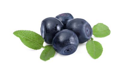 Tasty ripe bilberries and green leaves isolated on white