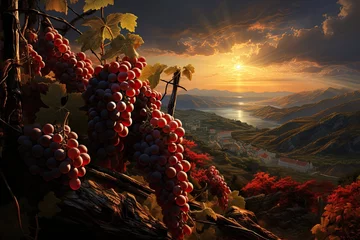 Foto auf Acrylglas A vineyard landscape with ripe grape clusters in the warm sunset light © PinkiePie