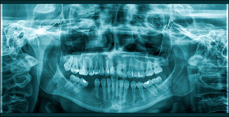 Panoramic dental x-ray digital image of upper and lower jaw. Radiograph scanning of maxilla and mandible. Focal plane tomography © elif
