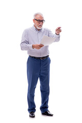 Old businessman reading paper isolated on white