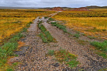 Raining, Wet and Cold. “An adventure for another day”. View to old remnant paved road heading toward erosional remnants of colorful strata, Highway 189, Wyoming 