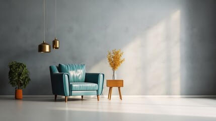 Wall mock up in warm tones with blue armchair on white wall background.