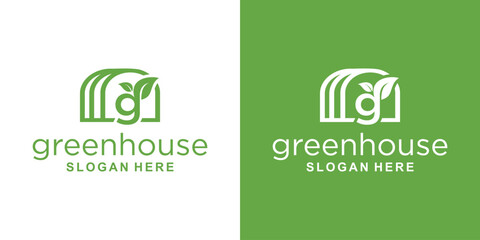 Greenhouse logo design vector. Letter G And Green leaf illustration symbol. House and leaf vector icon. Leaf Greenhouse Logo Template Vector