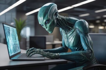 Alien with a laptop. Portrait with selective focus and copy space