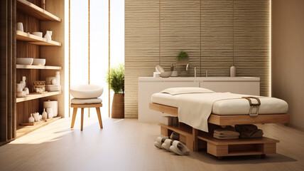 Spa massage room with white towels on a wooden shelf, 3d rendering generativa IA