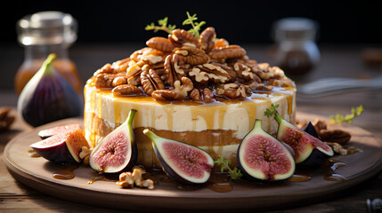 Fall cheesecake with figs, pecan nuts and maple syrup - obrazy, fototapety, plakaty
