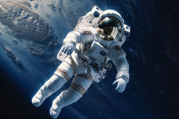 Fototapeta premium Astronaut Spacewalking in Weightlessness, Aerial Spacewalk View