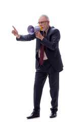 Old businessman holding megaphone isolated on white