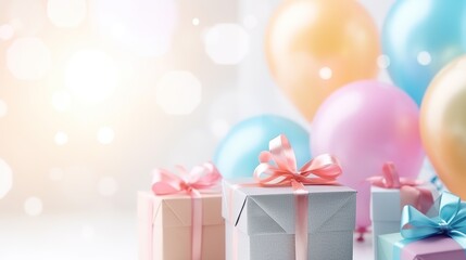 Pastel gift boxes and balloons, birthday party, holidays background, New year 2024 celebration concept, Generative ai